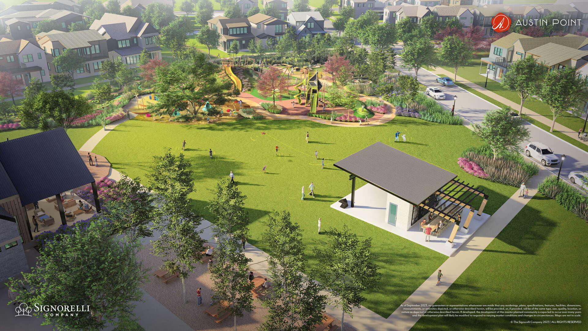 Austin Point Richmond TX The 1824 amenity playground rendering by Signorelli Company, showing children's play zone, green fields, and community homes.