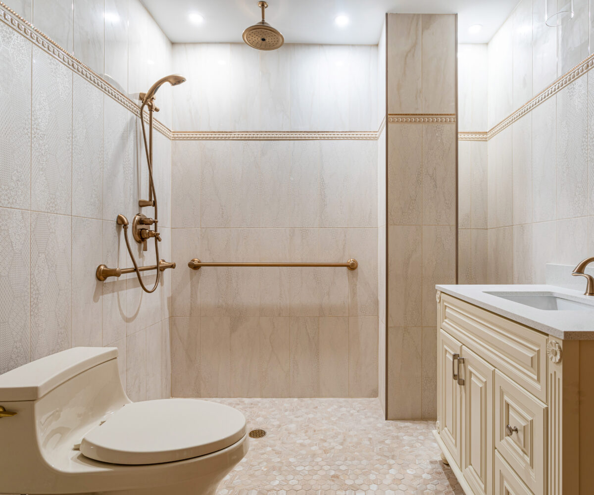 bathroom modifications for aging in place, including a walk-in shower and grab bars