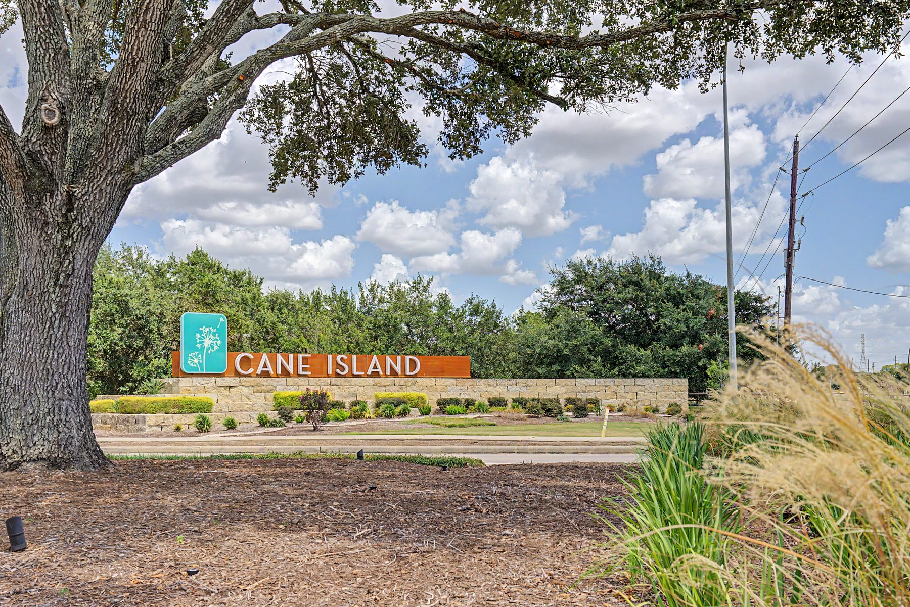 Cane Island entrance monument and landscaped berm seen from the road in Katy 77493