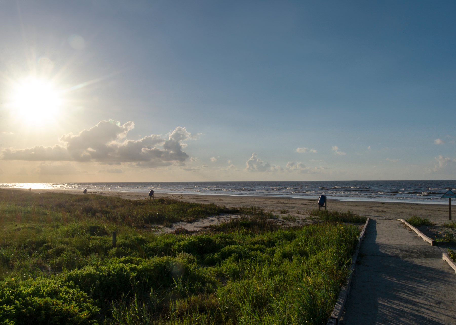 Concrete beach walkway crossing green planted dunes toward the Gulf on Galveston Island