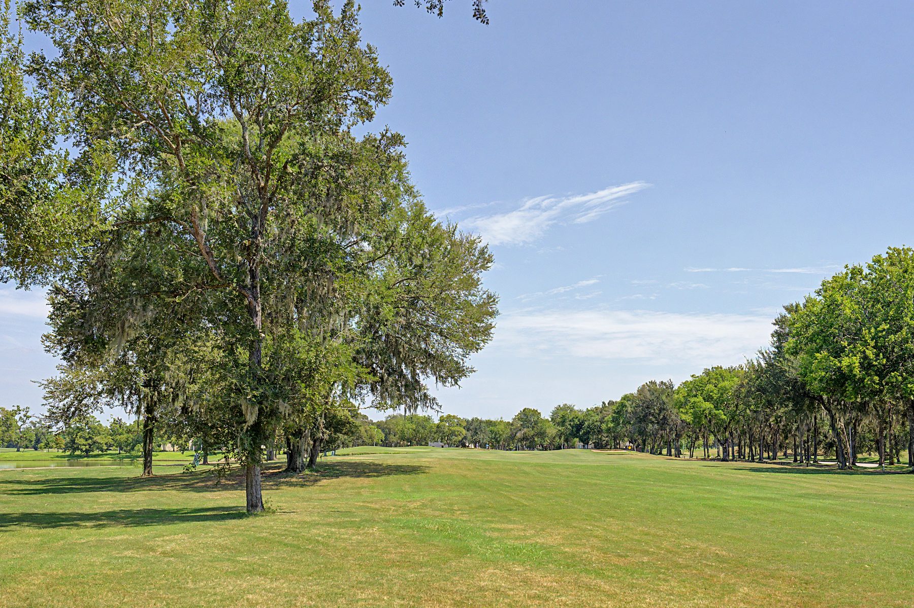 Open fairway lined with Spanish moss draped live oaks at Greatwood Golf Club in Sugar Land