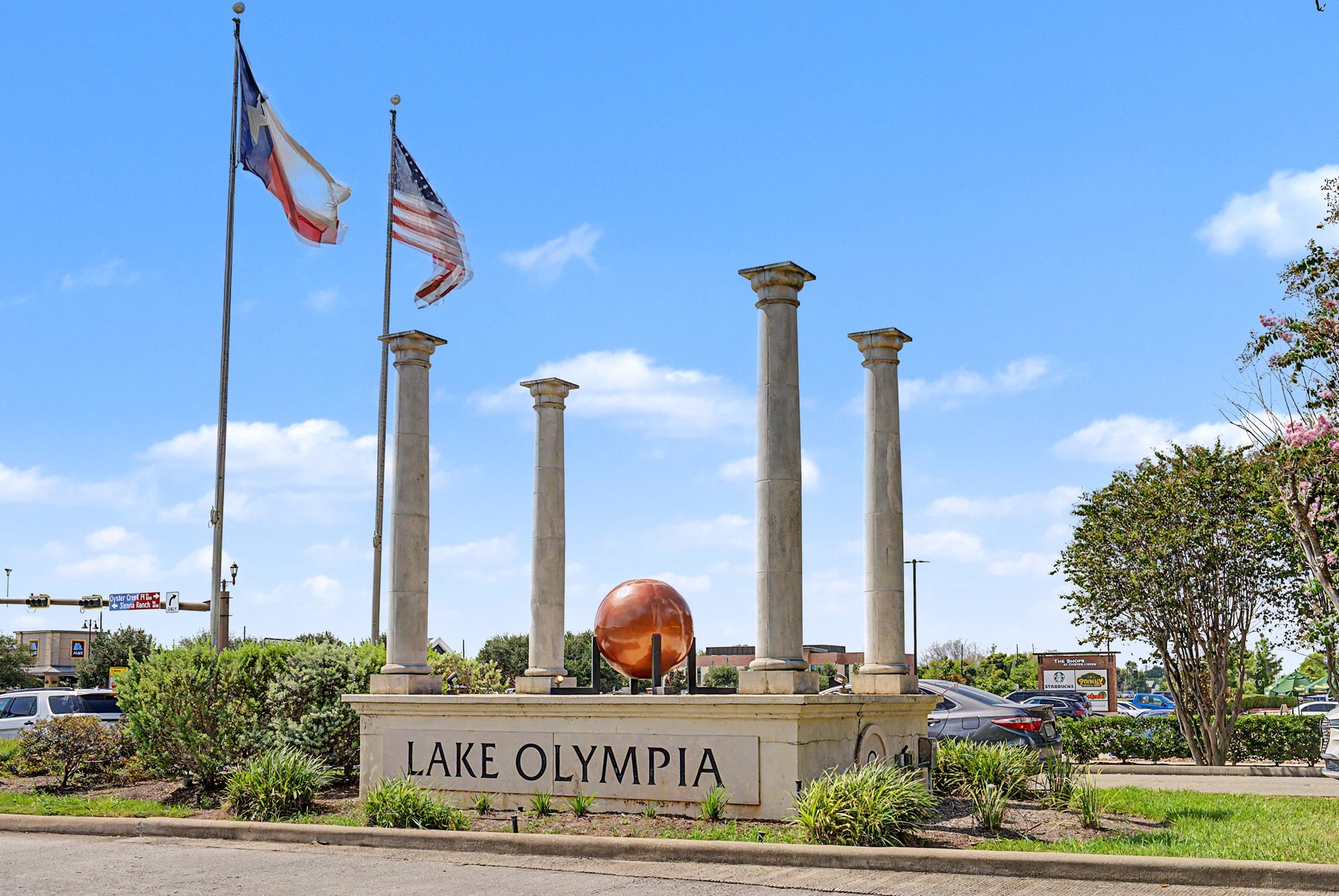 Lake Olympia entrance monument on Lake Olympia Parkway in Missouri City, Texas